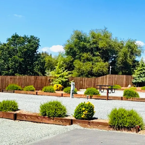 Picnic table and landscaped grounds